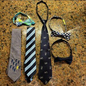 Boys Neck Tie Lot Bundle 6 Bow Ties Neck Ties Denim Stripes Bicycles Plaid 6-14
